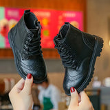 Kids Casual Boots PU Leather Black Zipper for Boys Girls Cross-tied Children Ankle High Boots Anti-skid Round Toes Soft MartLion