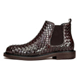 Chelsea Boots Men's Leather Weave Pattern Shoes Slip-on Formal Dress Ankle Mart Lion   