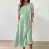Women Dress Casual Print Mid-Calf Dresses V-Neck Short Sleeves Frocks Robes MartLion Mint Green L United States
