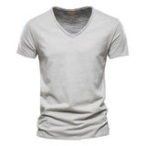 Cotton Men's T-shirt V-neck Design Slim Fit Soild Tops Tees Short Sleeve MartLion F037-V-SilverGray Size M 55-65kg 