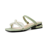 Summer Shoes Women Sandals Pearl Flat Summer Holiday Elegant Party Beige Green MartLion Light green 4.5 