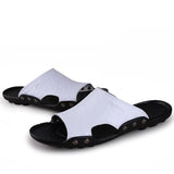 Men's Slippers Summer Genuine Leather Casual Slides Street Beach Shoes Black Cow Leather Sandals Mart Lion   