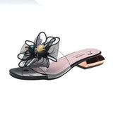 Ladies Slippers Bow Knot Summer String Bead Transparent Slippers Women Shoes Mules Mid Heels Slides Mart Lion black 35 