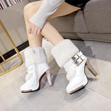 Winter Shoes Women High Heels Boots Ladies Party Warm Fur Super High Heel 10cm Black White MartLion   