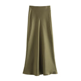 Women's Flowing Satin Midi Skirt Women Vintage Elastic  Waist Flared Street Skirt MartLion   