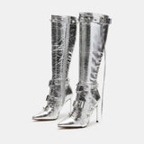 Slim High Heeled Motorcycle Boots for Women Versatile Rivet Style MartLion silvery 44 