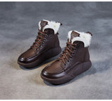 Women Snow Boots Leather Lace-Up Flat Platform Boots For Women Winter Natural Wool Fur Warm Shoes MartLion   