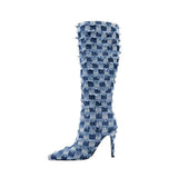 Dance Boots Plaid Denim Blue Cloth Women's Boots 10cm High Heels Latin Rubber Hard Sole Jazz Modern MartLion   