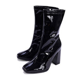 Liyke Autumn Winter Black Patent Leather Boots Women Square Toe Zip High Heels Party Shoes Chelsea Ankle Mart Lion   