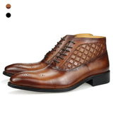 Boots Men's Dress Ankle Motorcycle botas cano curto Brown Grid Skin Printing lace up oxfords rubber sole Luxury Brogue MartLion   