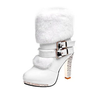 Winter Shoes Women High Heels Boots Ladies Party Warm Fur Super High Heel 10cm Black White MartLion WHITE 7 