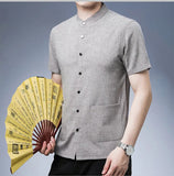 Men's Short-sleeved Seasonal Shirt with Stand Collar Linen Casual Daily Large Pocket Stand Collar Half Sleeve Shirt MartLion   