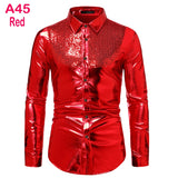 Men's Disco Shiny Gold Sequin Metallic Design Dress Shirt Long Sleeve Button Down Christmas Halloween Bday Party Stage Mart Lion A45 Red US Size S 