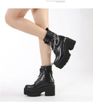 Winter Gothic Punk Womens Platform Boots Black Buckle Strap Zipper Creeper Wedges Shoes Mid Calf Military Combat Mart Lion   