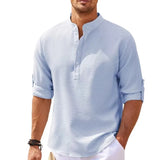 Cotton Linen Men's Long-Sleeved Shirts Spring Autumn Solid Color Stand-Up Collar Casual Beach Style MartLion blue XXXL 