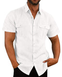 Summer Men's Short Sleeve Shirt Linen Solid Color T shirt  Cardigan Often Double Pocket Design Casual Loose Mart Lion   