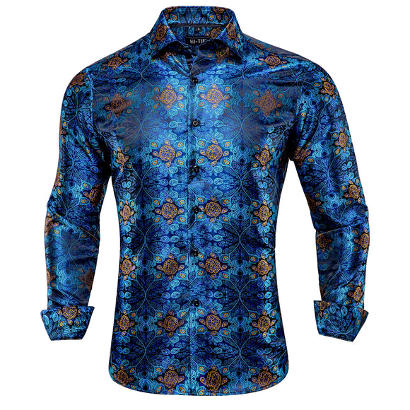 Silk Navy Blue Men's Shirts Long Sleeve Single Breasted Windsor Collar Casual Blouse Outerwear Wedding MartLion CY-1003 S 