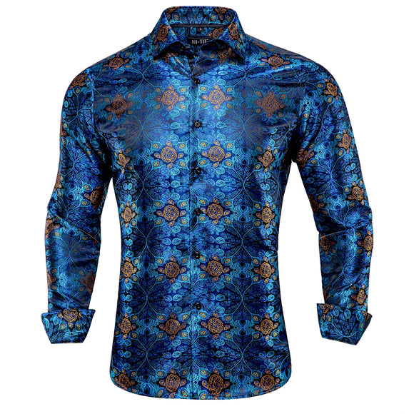 Hi-Tie Silk Men's Shirts Women Outwear Long Sleeve Shirt Slim Fit Floral Paisley For Dress Suit Formal Casual MartLion CY-1003 S 