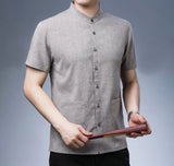 Men's Short-sleeved Seasonal Shirt with Stand Collar Linen Casual Daily Large Pocket Stand Collar Half Sleeve Shirt MartLion   