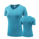 Fitness Women's Shirts Quick Drying T Shirt Elastic Yoga Sport Tights Gym Running Tops Short Sleeve Tees Blouses Jersey camisole MartLion V neck-light blue S 