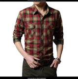 Vintage Military Men Cotton Shirt Long Sleeve Lapel Plaid Button Pocket Male Safari Style Casual MartLion   