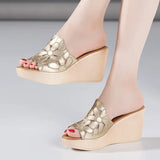 Non Slip Floral Cutout High Heels Wedding Shoes Women Wedges Slippers Summer Beach Slides Thick Sole MartLion Gold 10 