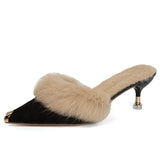 Fur Slippers Mules Pointed Toe Elegant High Heels Shoes Women's Autumn Furry Slides Flip Flops Office Work Luxury MartLion   