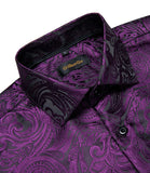 Luxury Purple Paisley Men's Long Sleeve Silk Polyester Dress Shirt Button Down Collar Social Prom Party Clothing MartLion   