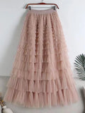 Mesh Skirt Women Waist A-line Spliced Solid Color Loose Skirts MartLion L Pink 