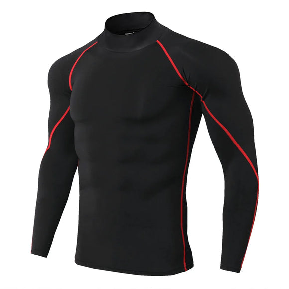 Men's Bodybuilding Sport T-shirt Quick Dry Running Shirt Long Sleeve Compression Top Gym T Shirt Fitness Tight Rashgard MartLion BlackRed Line M 