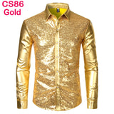 Men's Disco Shiny Gold Sequin Metallic Design Dress Shirt Long Sleeve Button Down Christmas Halloween Bday Party Stage Mart Lion CS86 Gold US Size S 