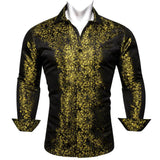 Designer Men's Shirts Silk Gold Embroidered Paisley Flower Long Sleeve Casual Blouses Slim Fit Clothing Lapel Tops Barry Wang MartLion 0645 S 