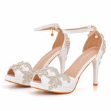 Women Wedding Shoes Bride Sandals White Rhinestones Silver Platform Dress Thin High Heels Ladies Pumps MartLion   