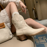 Autumn And Winter Boots Cowhide Material Square Heel Calf Height Women's Shoes Pointed MartLion   