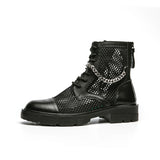 Summer Men's Ankle Boots Punk Rock Mesh Leather Chain Round Toe Breathable Motorcycle Party Casual Shoes Mart Lion   