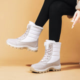 Winter Women's Waterproof Boots Strap Up Flat Heel Boots Warm Snow Shoes, Plush Outdoor Casual Boots MartLion   