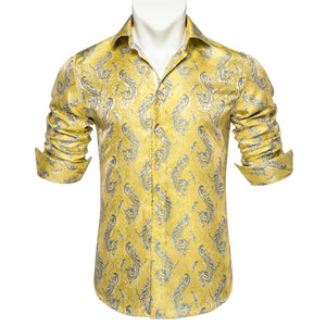 Yellow Paisley Silk Shirts Men's Luxury Wedding Party Dress Shirt Long Sleeve Top Club Prom Blouse MartLion YC-2014 S 