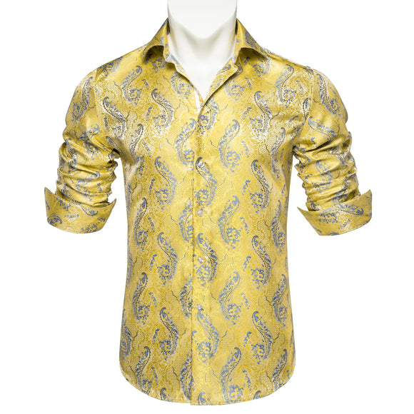  Yellow Paisley Silk Shirts Men's Luxury Wedding Party Dress Shirt Long Sleeve Top Club Prom Blouse MartLion - Mart Lion