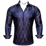 Luxury Shrits Men's Sky Roal Blue Navy Embroidered Paisley Long Sleeve Casual Slim Fit Blouses Lapel Barry Wang MartLion 0401 S 
