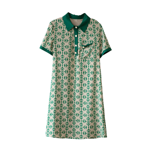 Elegant Print Polo Collar Dresses  Women Summer Casual Short Sleeve Loose Chic Midi Dress MartLion   