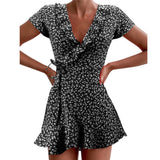 Summer Women’s  Dress Sweet Elegant Floral Ruffles V-neck  Short Dress  Lady Chic Flowers Mini Dress MartLion black M 