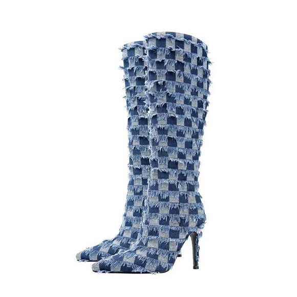 Dance Boots Plaid Denim Blue Cloth Women's Boots 10cm High Heels Latin Rubber Hard Sole Jazz Modern MartLion   