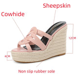 Women's High Heels Summer Cowhide Slope Heel High Heel Slippers Elegant Party Banquet Shoes MartLion   