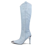  Metal Decoration Thin High Heel Denim Side Zipper Knee Long Boots for Women's Banquet Runway MartLion - Mart Lion
