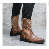 Retro Brown Print Men's Cowboy Boots High Leather Western with Zipper Para Hombre MartLion   