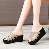 Women's Slides Ladies Slippers Summer Shoes Wedges High Heel 6.5 Cm Sequin Cow Leather