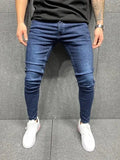 Street Style Ripped Skinny Jeans Men Vintage wash Solid Denim Trouser MartLion H011A Dark blue XXXL 