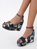 Women Floral Platform Sandals Female Summer Wedges High Heels Thick Bottom Shoes Ladies Buckle Footwear Mart Lion dark blue 36 