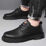 Cow Leather Autumn Platform Shoes for Men's Casual Designer Derby Low Top Work Ankle Boots MartLion Black 42 
