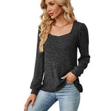 Autumn Winter Women's Solid U-Neck Casual Pit Square Neck Elegant Loose Versatile Long Sleeve T-shirt Top MartLion Black S 